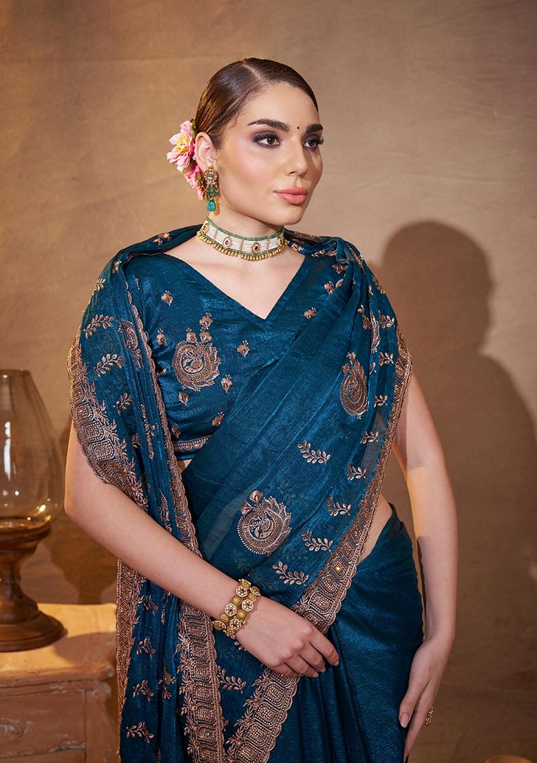 Teal Blue Embroidered Satin Saree Set