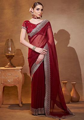 Maroon Embroidered Chiffon Saree Set