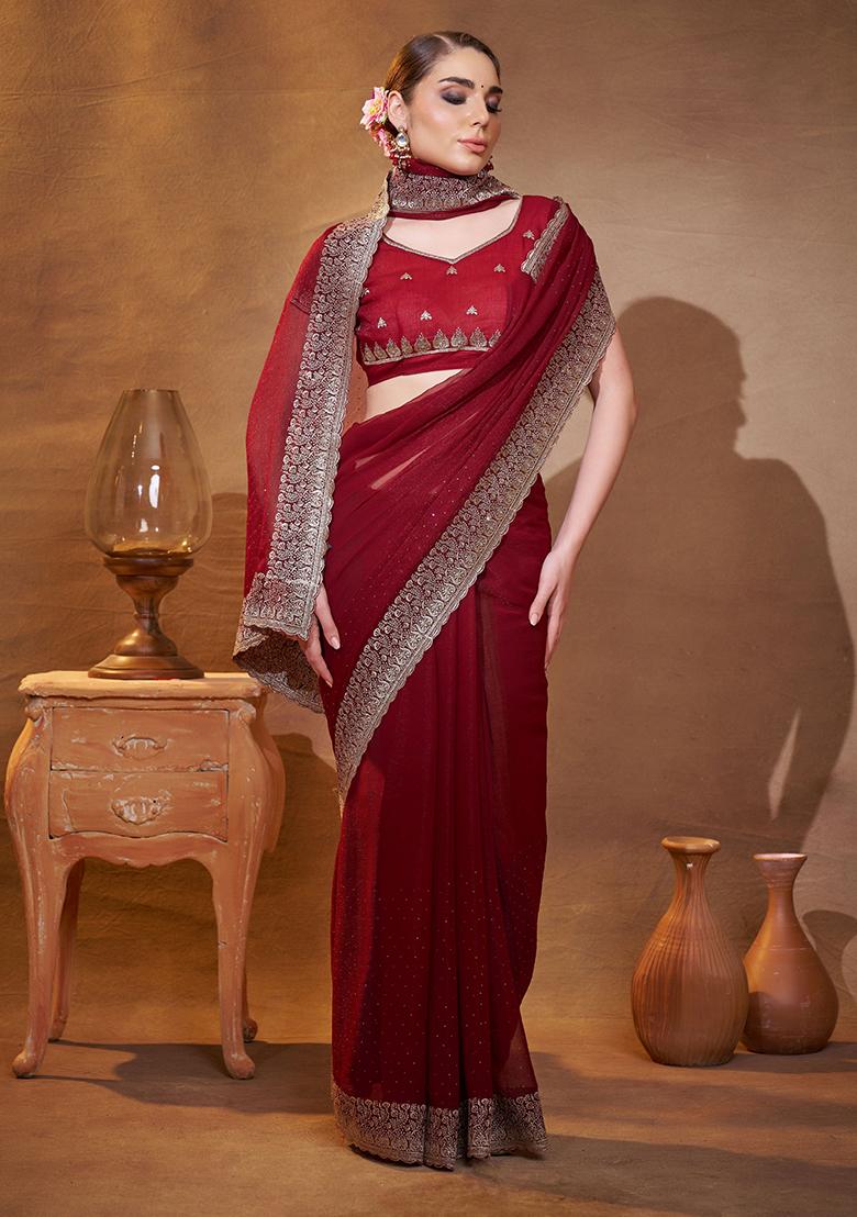 Maroon Embroidered Chiffon Saree Set