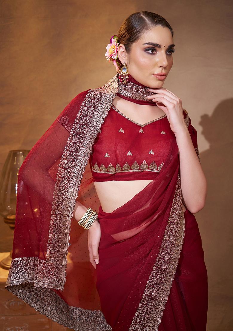 Maroon Embroidered Chiffon Saree Set