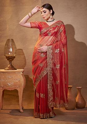 Maroon Embroidered Organza Saree Set