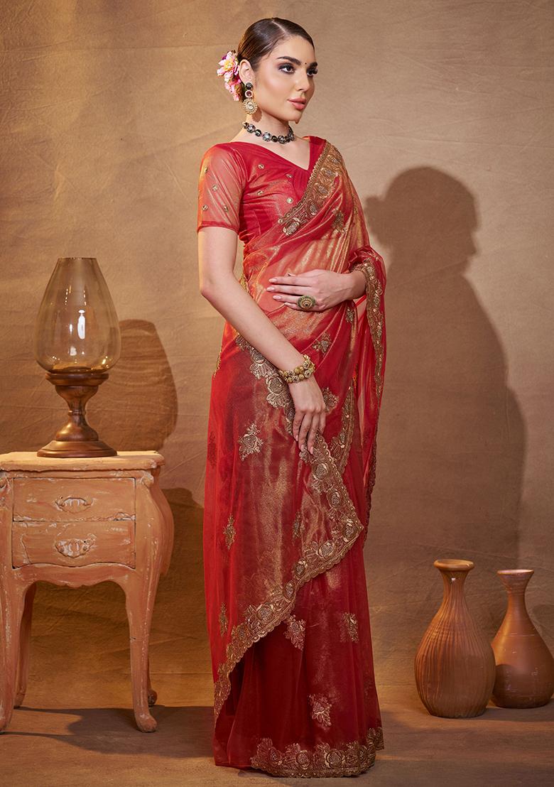 Maroon Embroidered Organza Saree Set