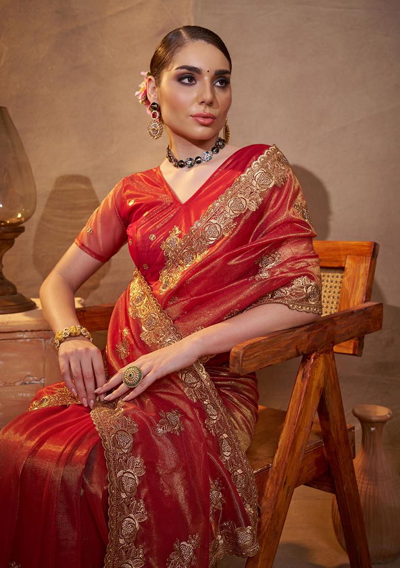 Maroon Embroidered Organza Saree Set