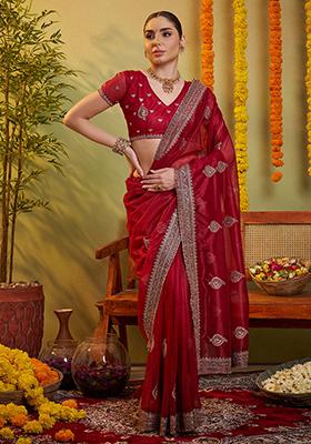 Maroon Embroidered Organza Saree Set