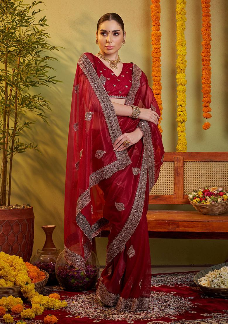Maroon Embroidered Organza Saree Set