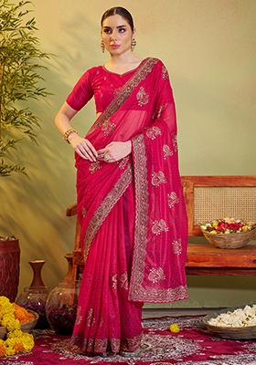 Pink Embroidered Organza Saree Set