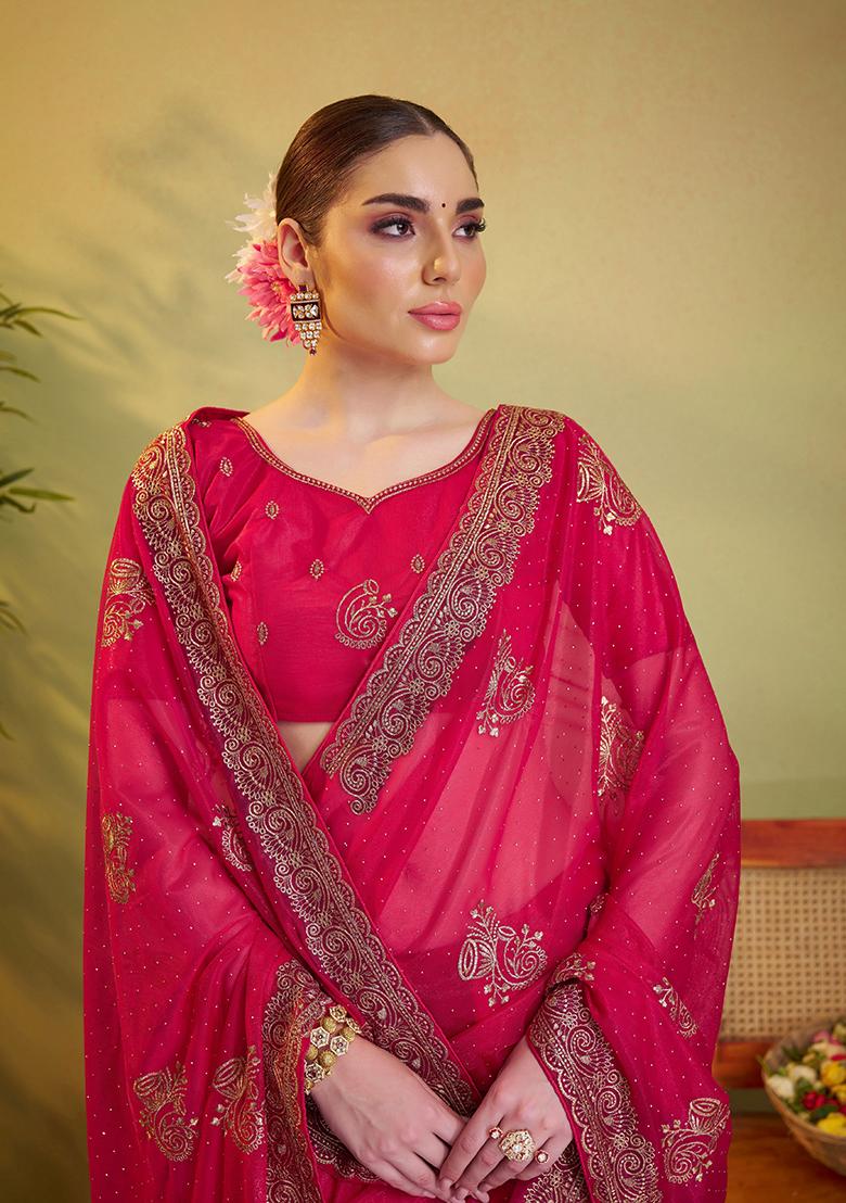 Pink Embroidered Organza Saree Set