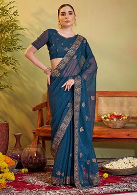 Teal Blue Embroidered Chiffon Saree Set