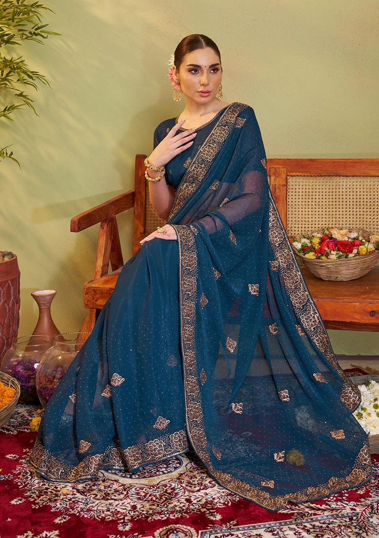 Teal Blue Embroidered Chiffon Saree Set