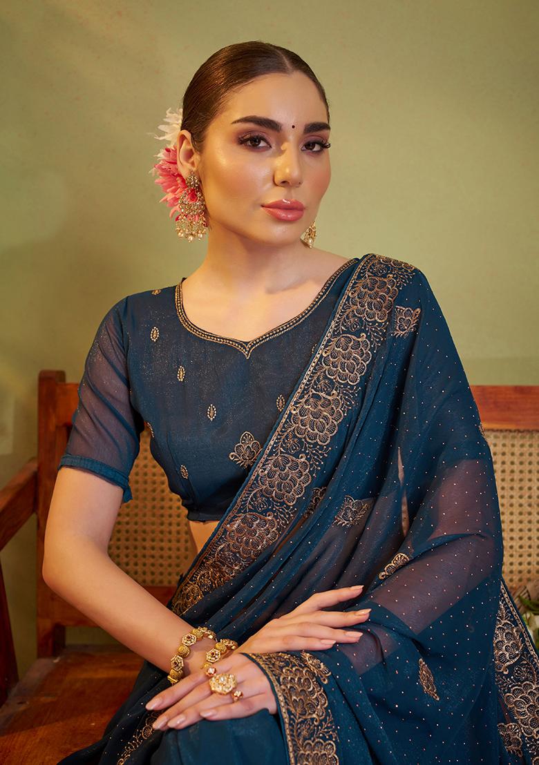 Teal Blue Embroidered Chiffon Saree Set