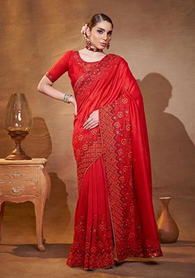 Red Embroidered Silk Saree Set