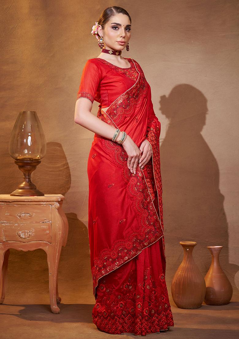 Red Embroidered Silk Saree Set