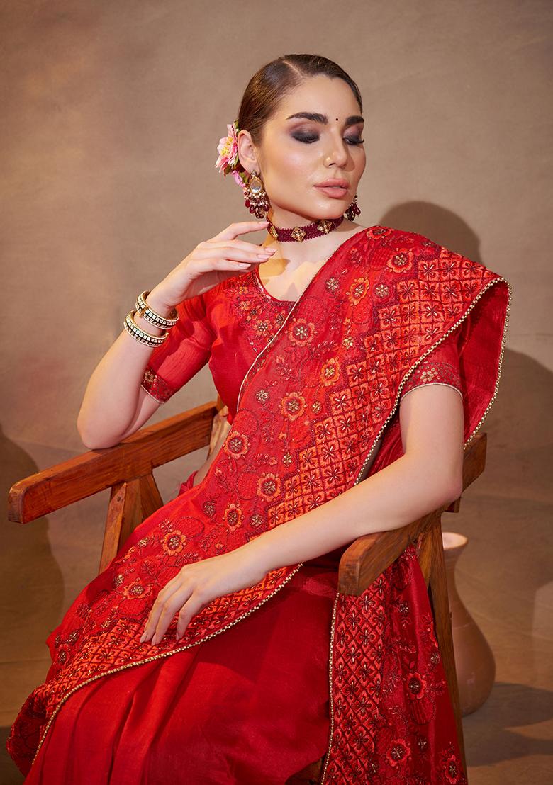 Red Embroidered Silk Saree Set