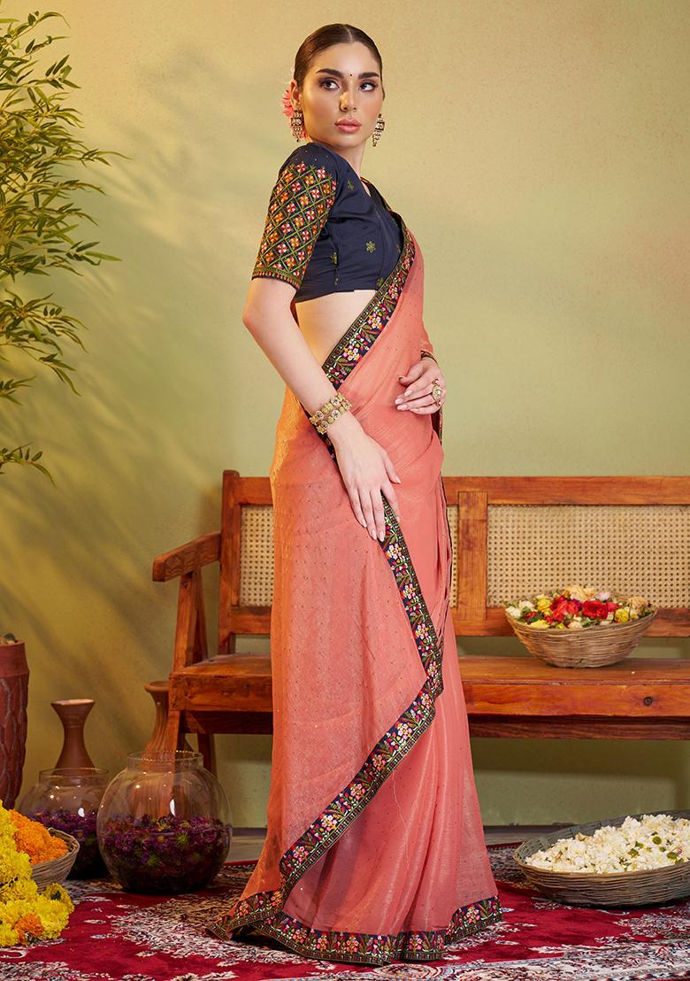 Peach Embroidered Chiffon Saree Set