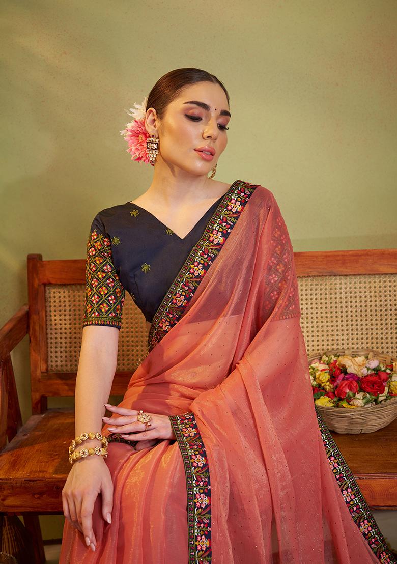 Peach Embroidered Chiffon Saree Set