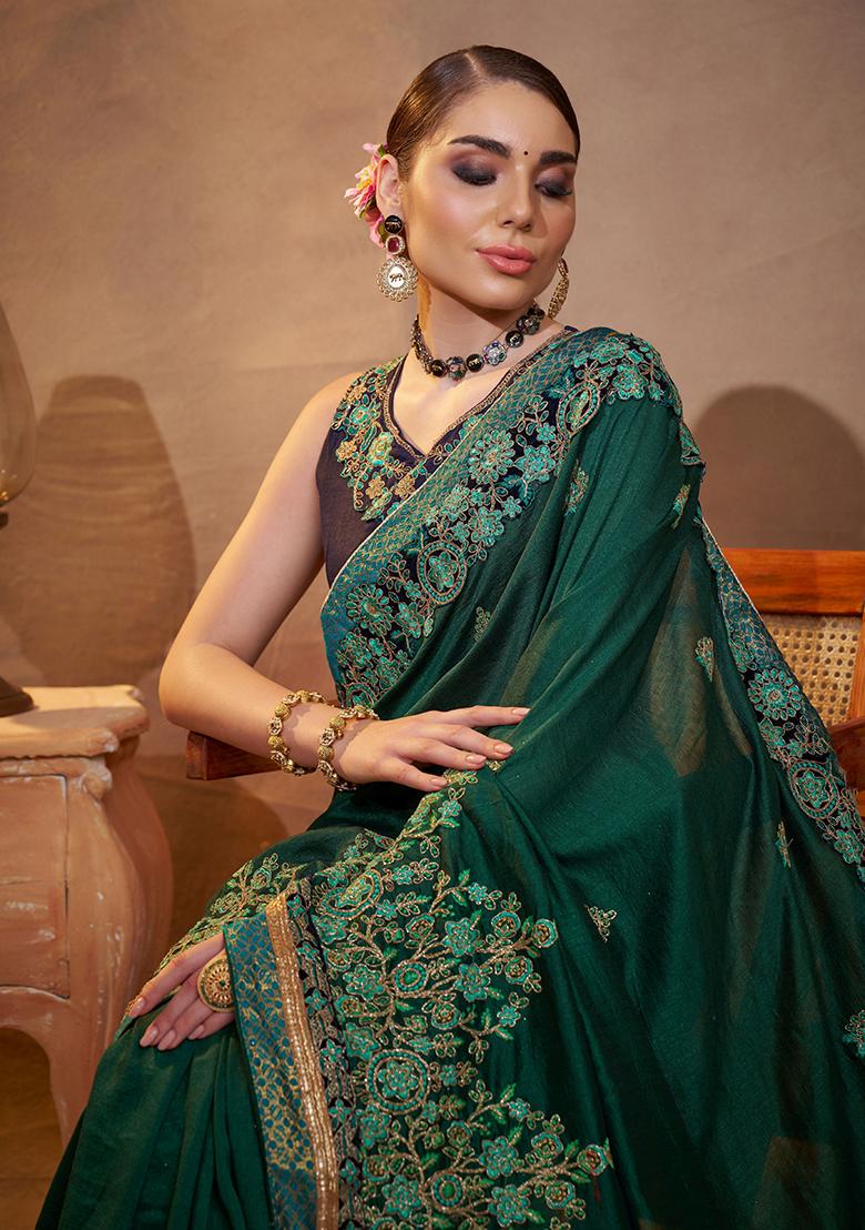 Green Embroidered Silk Saree Set