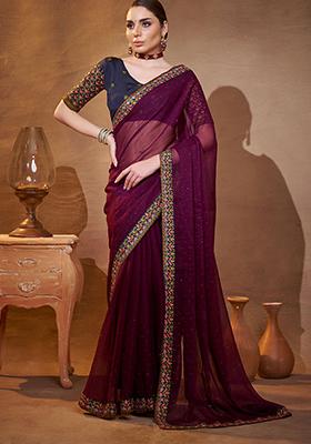 Wine Embroidered Chiffon Saree Set