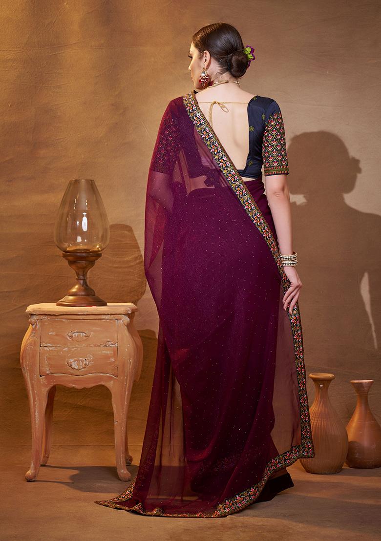 Wine Embroidered Chiffon Saree Set