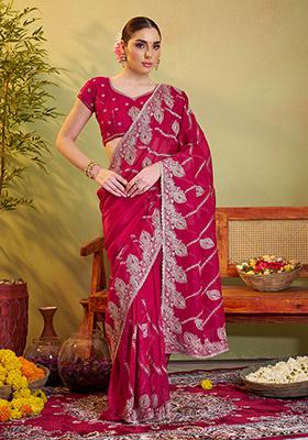 Red Embroidered Chiffon Saree Set