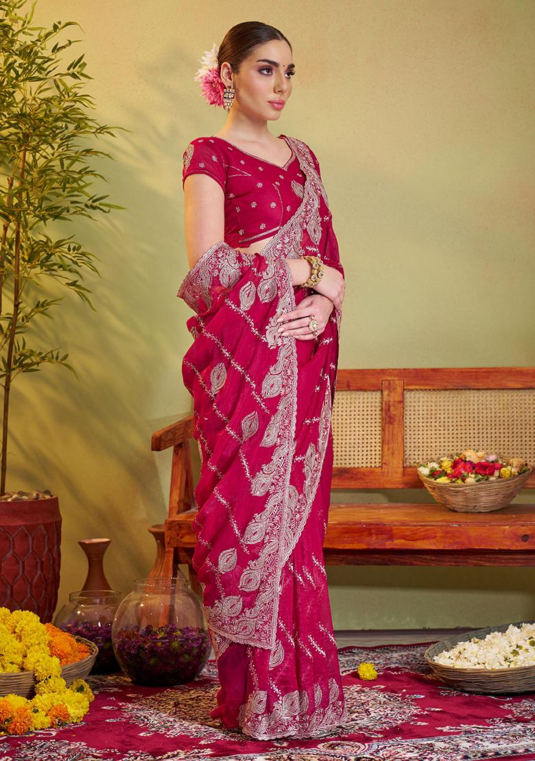 Red Embroidered Chiffon Saree Set