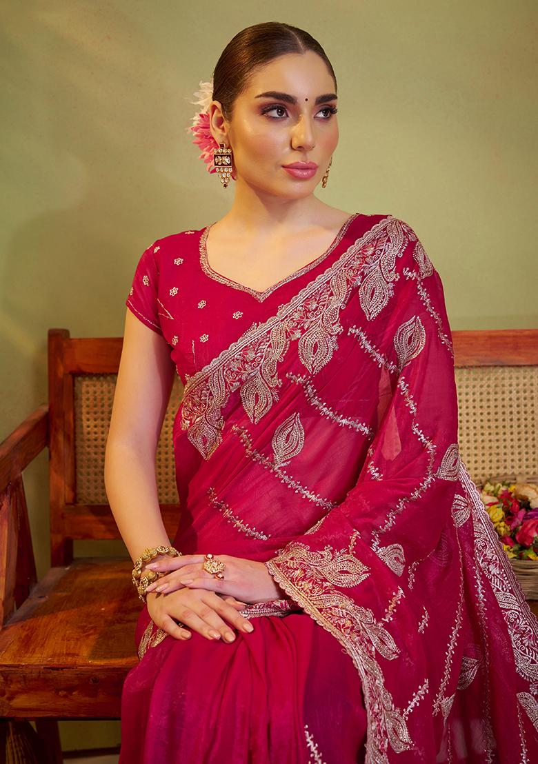 Red Embroidered Chiffon Saree Set