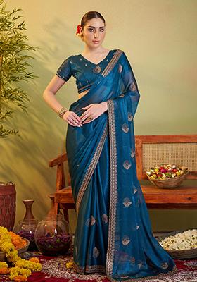 Teal Blue Embroidered Chiffon Saree Set
