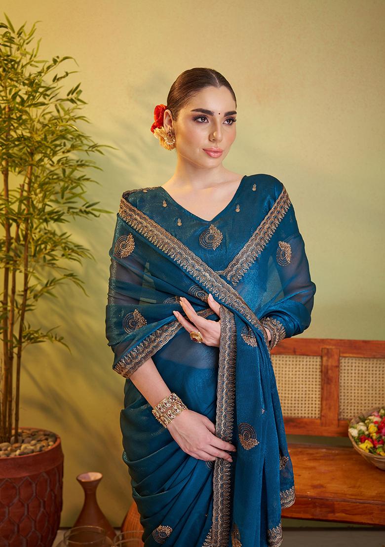 Teal Blue Embroidered Chiffon Saree Set