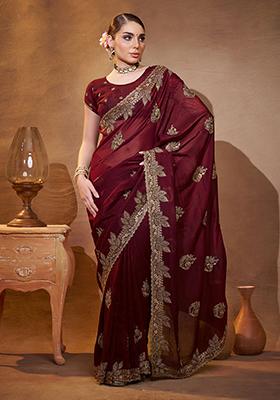 Brown Embroidered Chiffon Saree Set