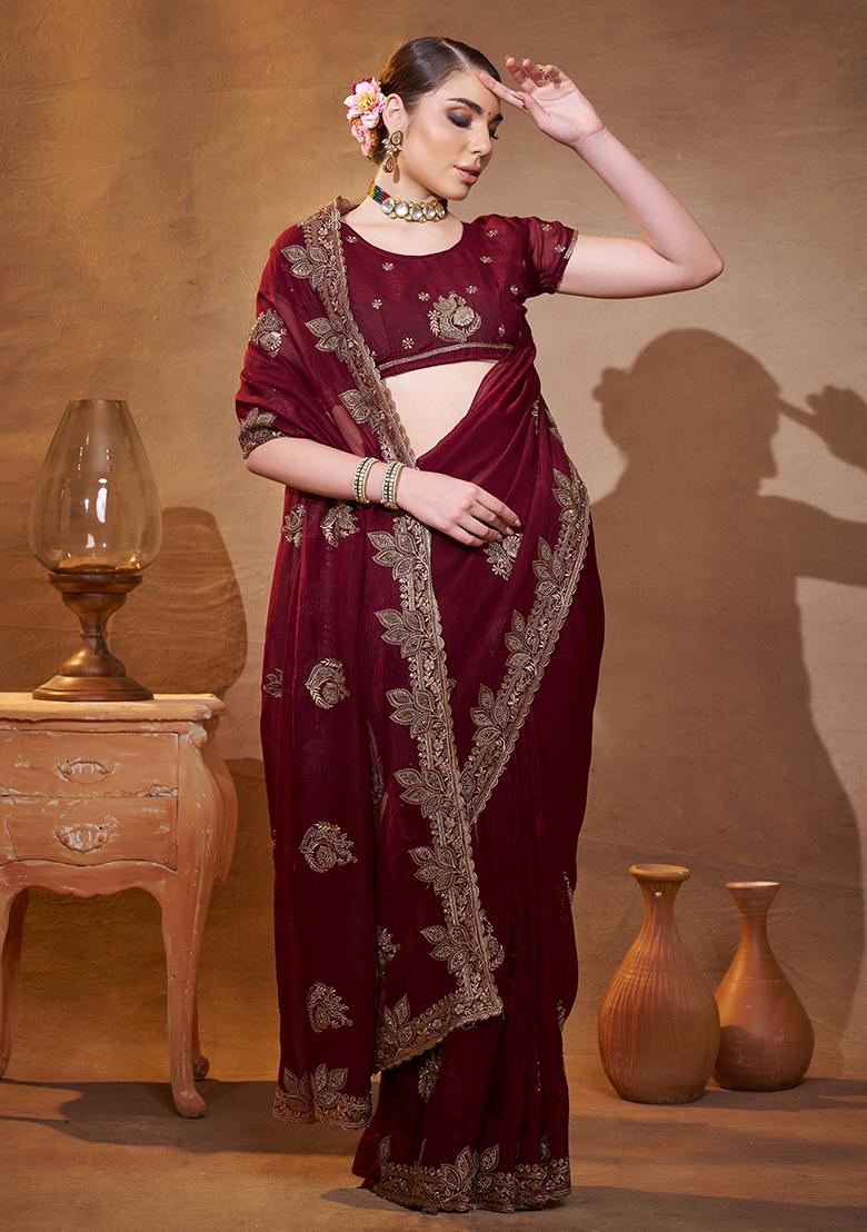 Brown Embroidered Chiffon Saree Set