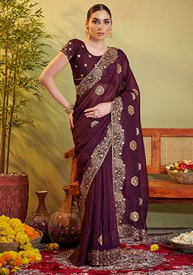 Wine Embroidered Chiffon Saree Set