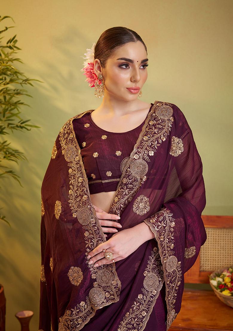 Wine Embroidered Chiffon Saree Set