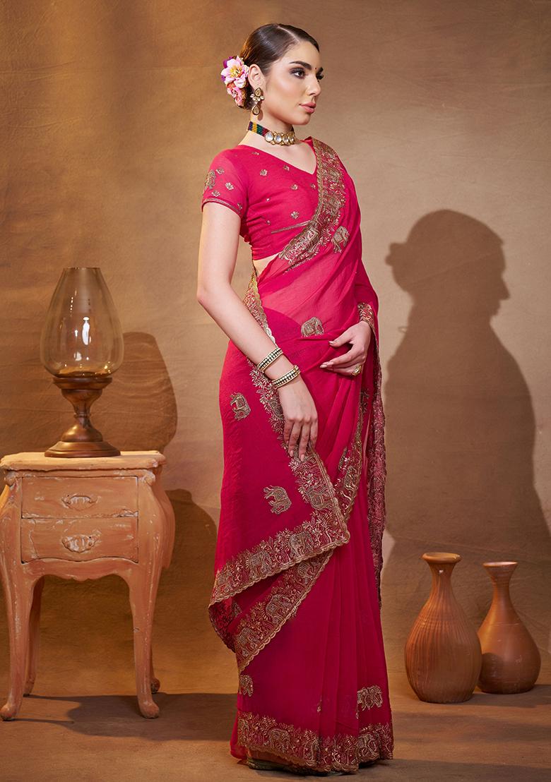Pink Embroidered Chiffon Saree Set