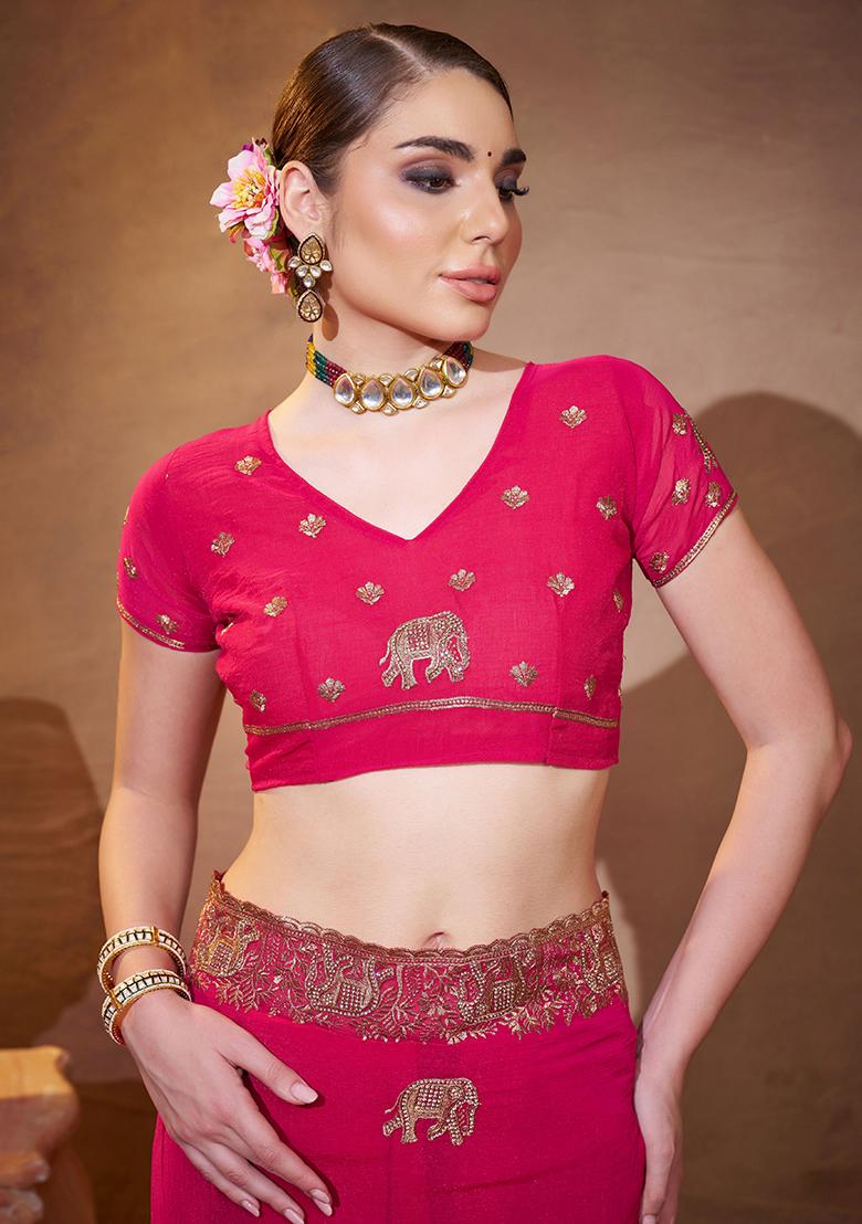 Pink Embroidered Chiffon Saree Set