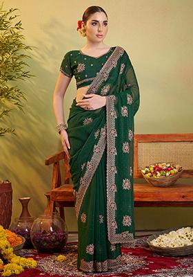 Green Embroidered Chiffon Saree Set