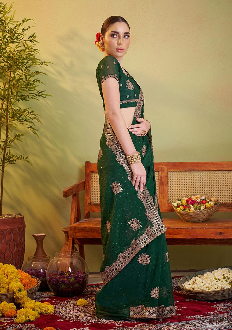 Green Embroidered Chiffon Saree Set