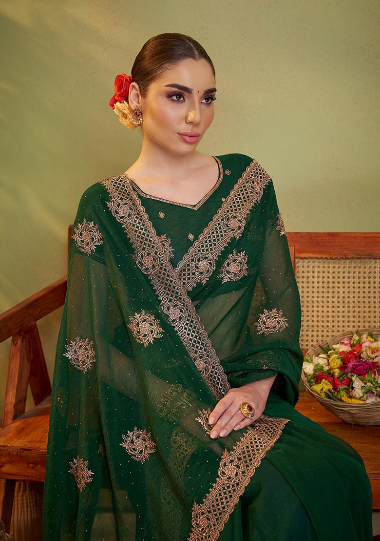Green Embroidered Chiffon Saree Set