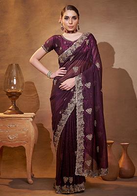 Wine Embroidered Chiffon Saree Set