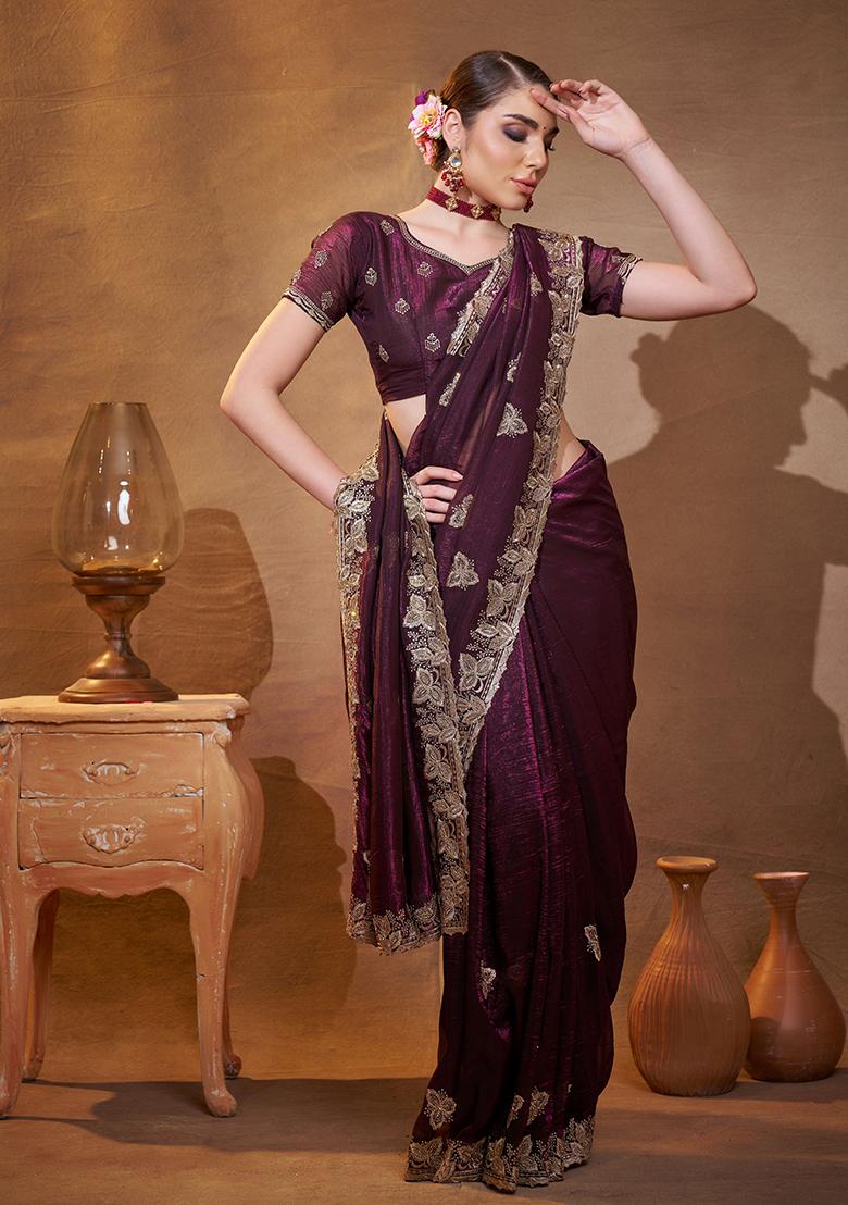Wine Embroidered Chiffon Saree Set