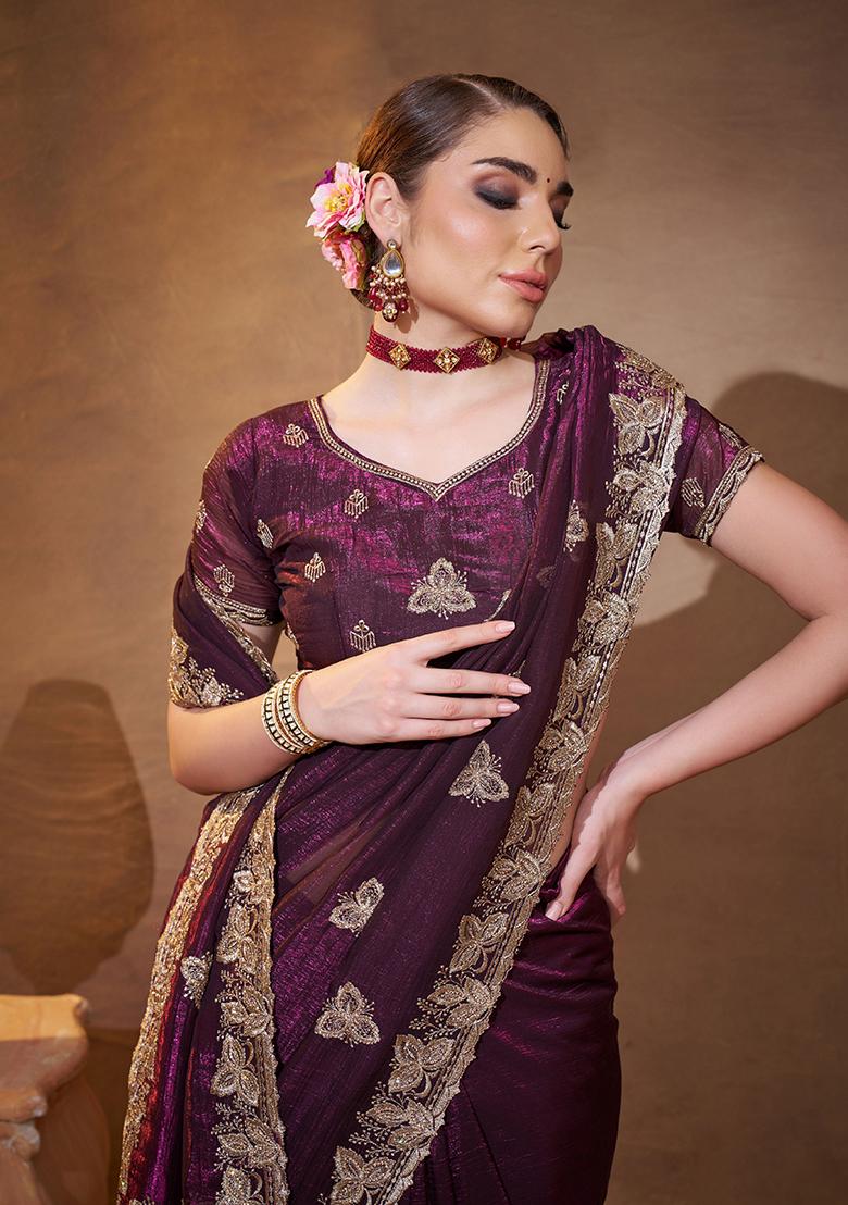 Wine Embroidered Chiffon Saree Set