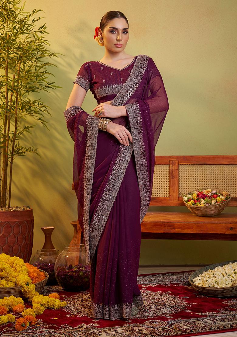 Wine Embroidered Chiffon Saree Set