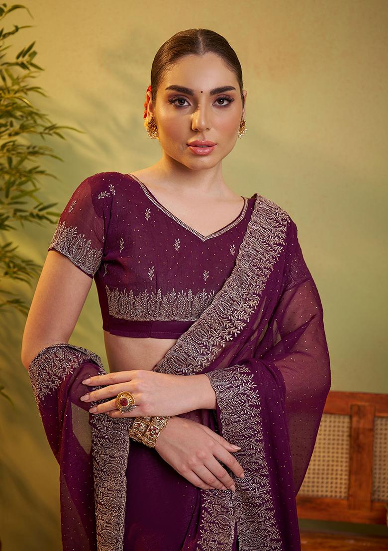 Wine Embroidered Chiffon Saree Set