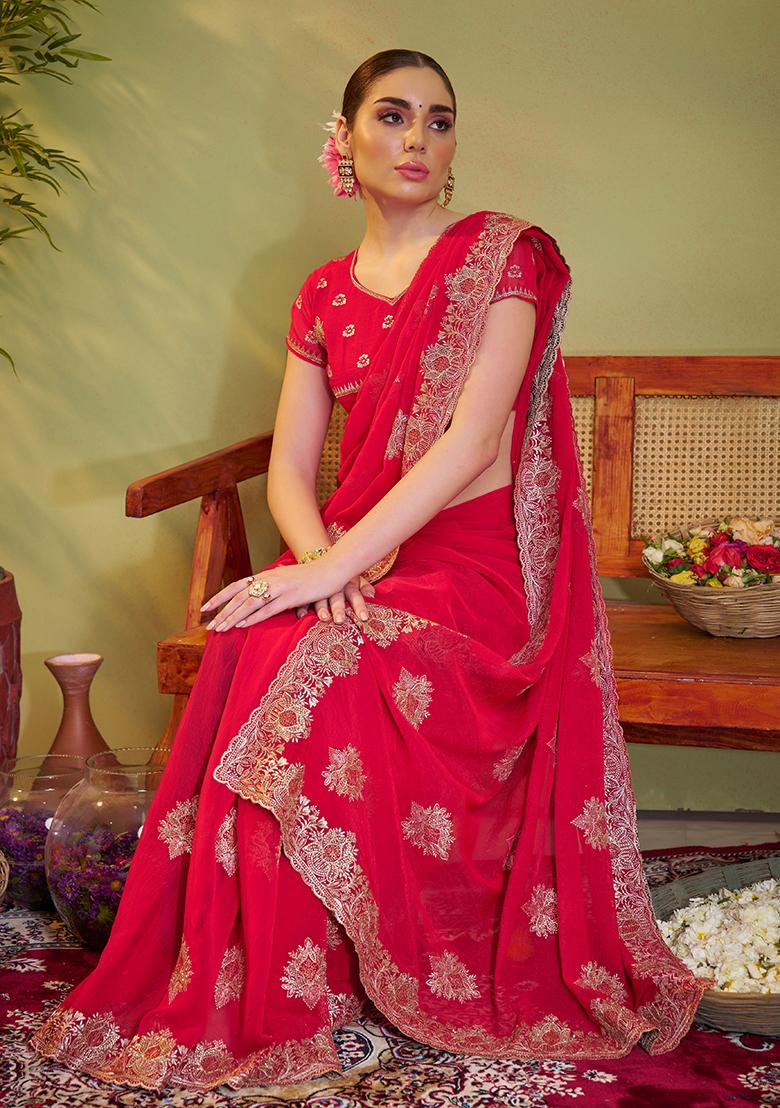 Pink Embroidered Chiffon Saree Set