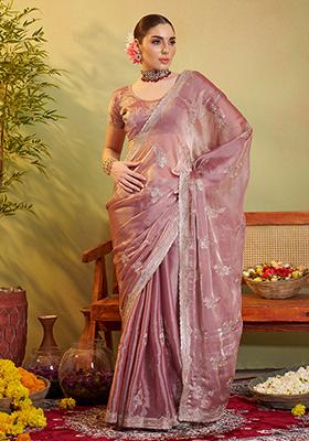 Brown Embroidered Chiffon Saree Set