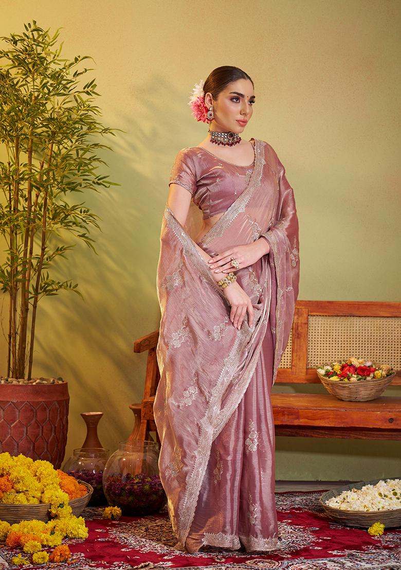 Brown Embroidered Chiffon Saree Set