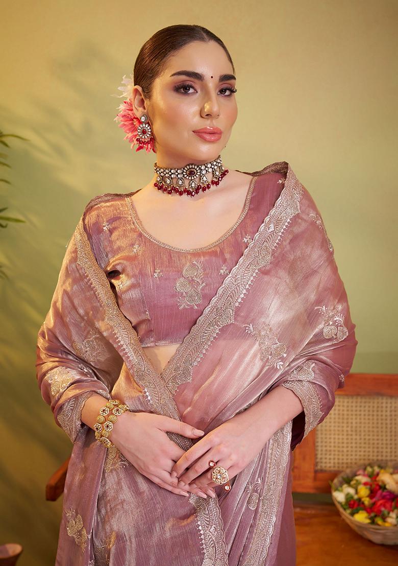 Brown Embroidered Chiffon Saree Set