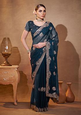 Teal Blue Embroidered Chiffon Saree Set