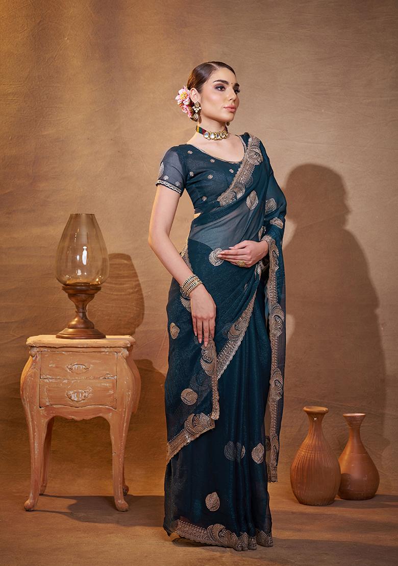 Teal Blue Embroidered Chiffon Saree Set