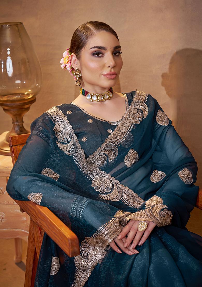 Teal Blue Embroidered Chiffon Saree Set