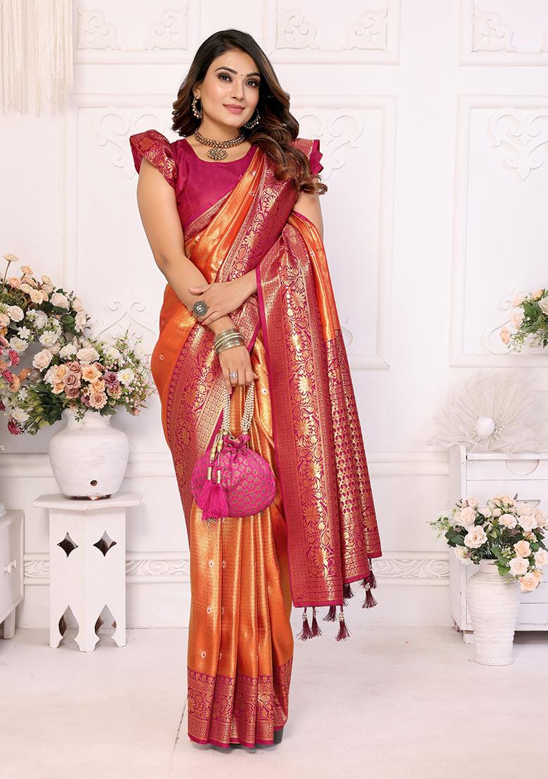 Orange Zari Embroidered Silk Saree Set