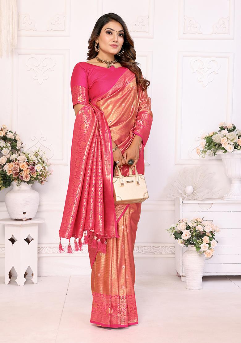 Pink Zari Embroidered Silk Saree Set